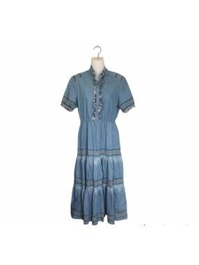 Prairie Peasant Dress Blue Floral embroidery Boho Size M
